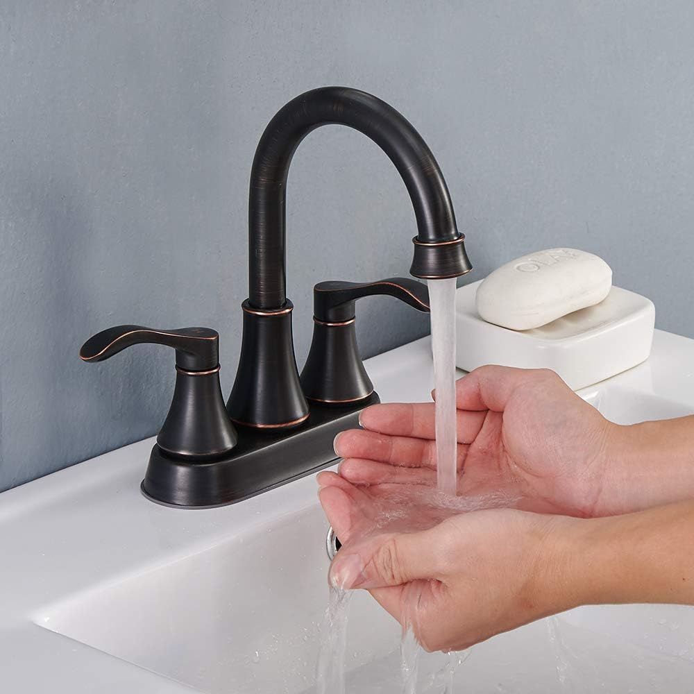Lead-Free Antique 2 Handle Oil Rubbed Bronze Bathroom Sink Faucet, 360° Swivel High-Arc Spout 4-Inch Centerset Lavatory Vanity Faucets Set with Drain & Water Hoses, VABM10003H - Image 8