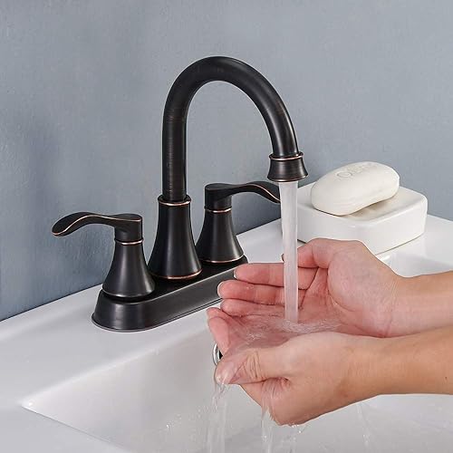 Vista 8 de VABM10003H - Grifo de lavabo de baño de bronce aceitado antiguo de 2 manijas sin plomo, boquilla giratoria de arco alto de 360°, juego de grifos