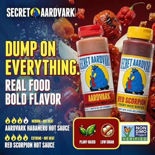 Image of Secret Aardvark Habanero and Red Scorpion Hot Sauce, 2-Pack Bundle 8 fl oz | Roasted Tomatoes & Carrots, Mild and Extreme Heat Combo, BBQ Marinade, No HFCS, Dairy-Free, For Wings and Tacos, Gift Set