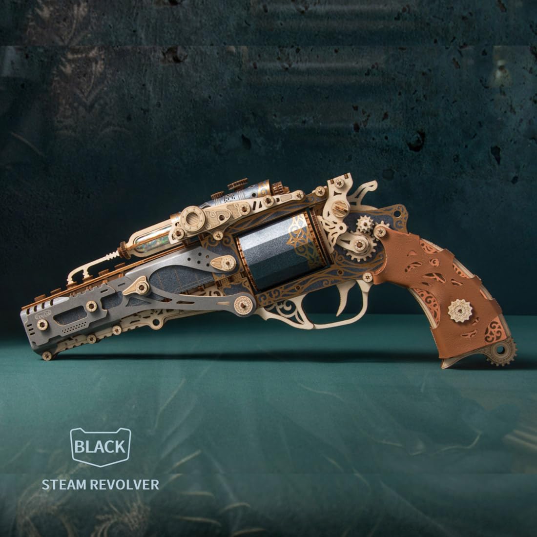 Drewniane puzzle 3D dla dorosłych, drewniany rewolwer, model zestawu do montażu, kompatybilne z drewnianymi kulkami, 318 szt. drewnianych puzzli 3D, steampunk, rewolwer 3D, puzzle, drewno,
