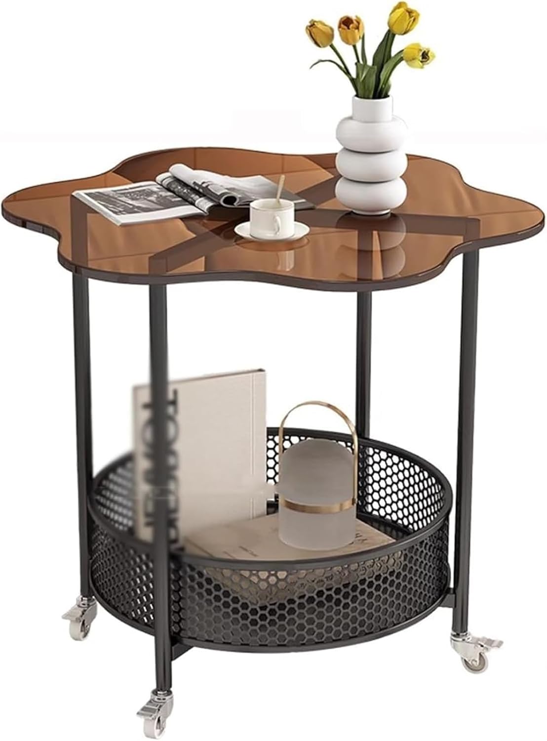 Aimery Office End Table 2 Tier Mobile Sofa Side Table, Storage Coffee Table Round Storage Basket, Beside Table for Balcony Living Room Office (Color : A)