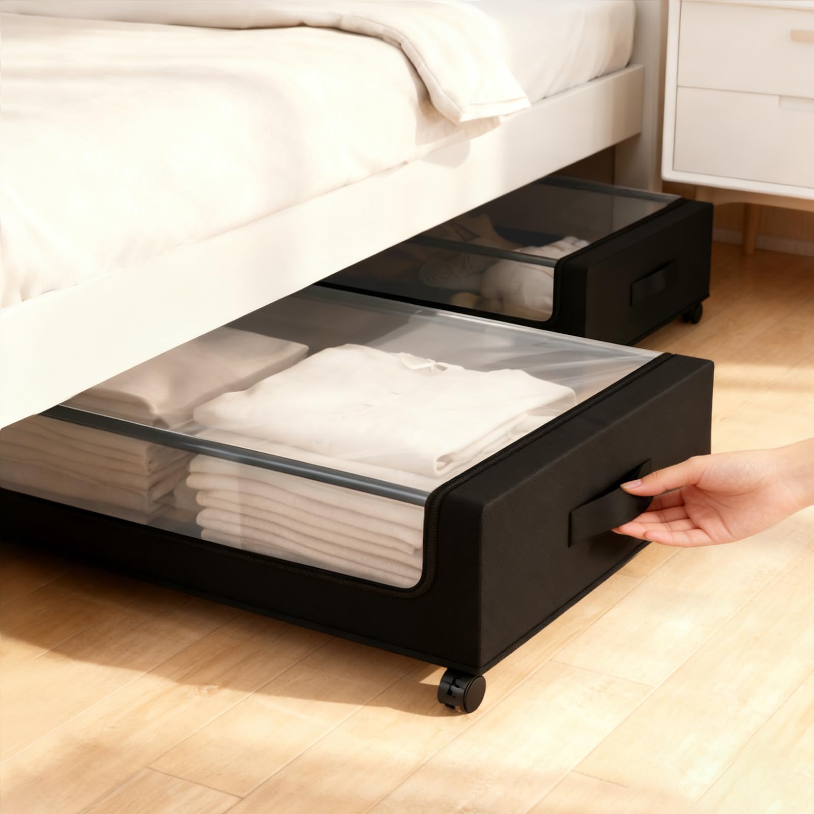 Sekey 2 Stück 50L Unterbett-Aufbewahrungsbox mit Rollen, Kleiderschrank Organizer Aufbewahrungstasche, Metallrahmen & Durchsichtigem Deckel, Rollbare Bettkasten für Kleidung/Bettwäsche, Schwarz