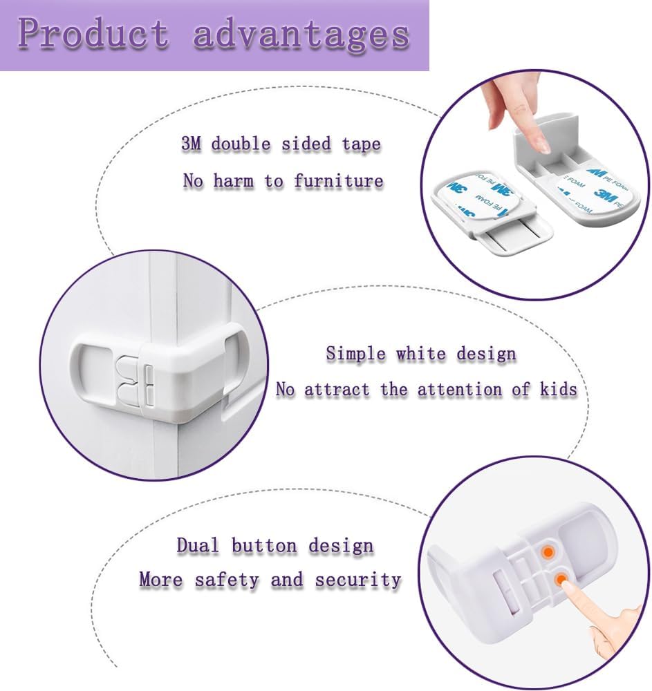 4 Pcs Safe Drawer Locks, Update Child Proof Cupboard Locks, Dual-button Baby Proofing Corner Locks with Strong Adhesive for Cabinet, Cupboard, Drawer, Refrigerator, Oven, Trash