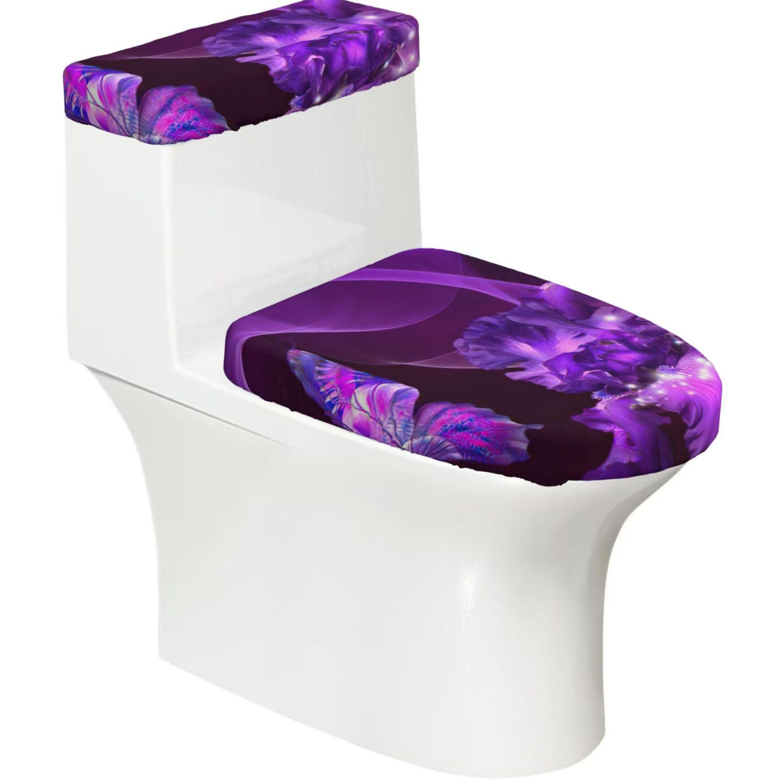 Purple Butterfly Print 2-Piece Stretch Toilet Cover Set, Elastic Breathable Toilet Seat and Tank Lid Protector
