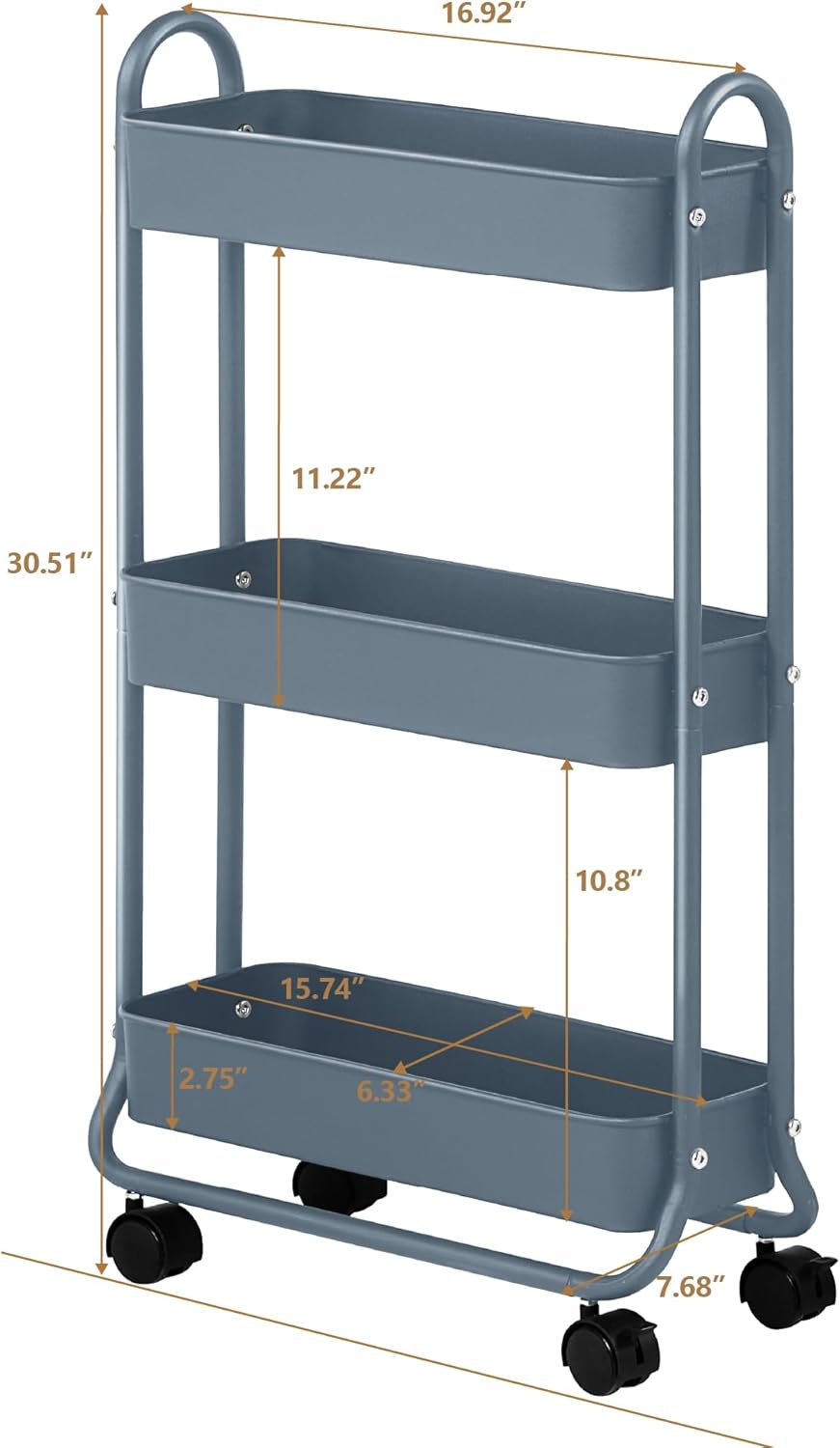 SunnyPoint Slim Rolling Storage Cart, 3 Tier Bathroom Storage Organizer Bathroom, Laundry Utility Cart (Blue)