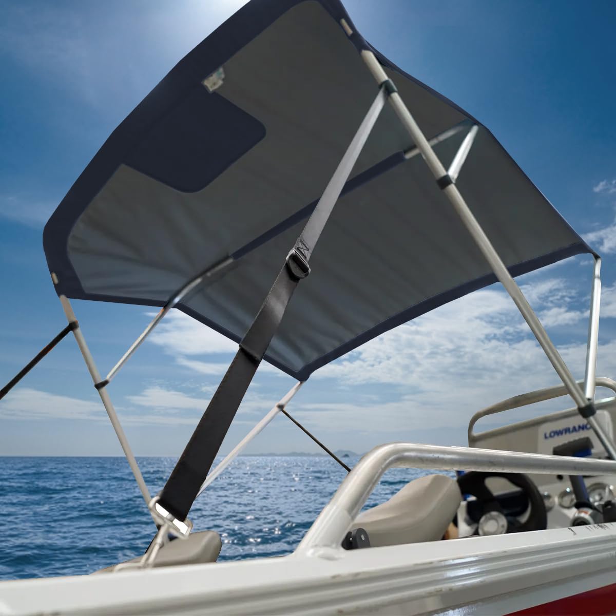 Oceansouth Bimini Top a 3 archi con stivale integrato (blu pacifico, larghezza 1,7 m – 1,9 m) telaio archi parasole barca copertura impermeabile stivale cinghia di stoccaggio grande grande grande