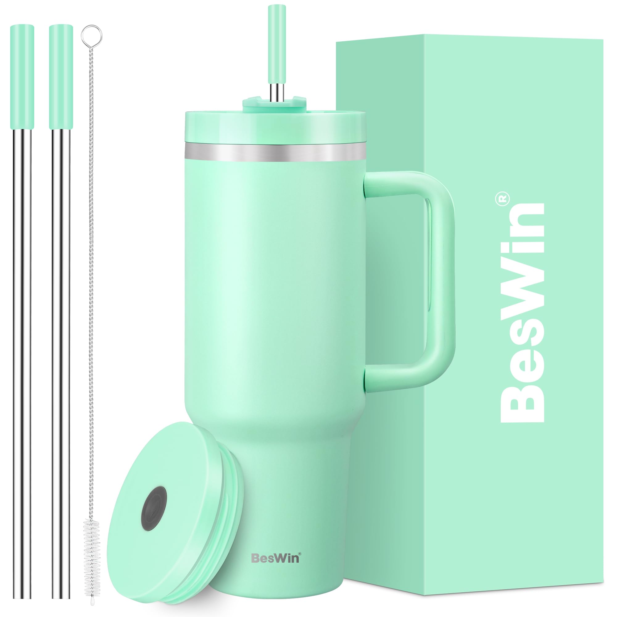 BesWin 40 oz Tumbler with Handle and Straw, 2 Lids (2 in 1 & Leakproof Lid)