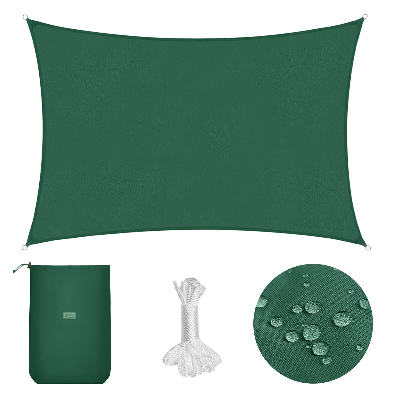 Sekey Sonnensegel Wasserdicht 2x4m Rechteckig PES Polyester, Sonnenschutz 95% UV Schutz Windschutz Reißfest Wetterfest, für Balkon Garten, mit Ösen und Befestigungsseile, Grün