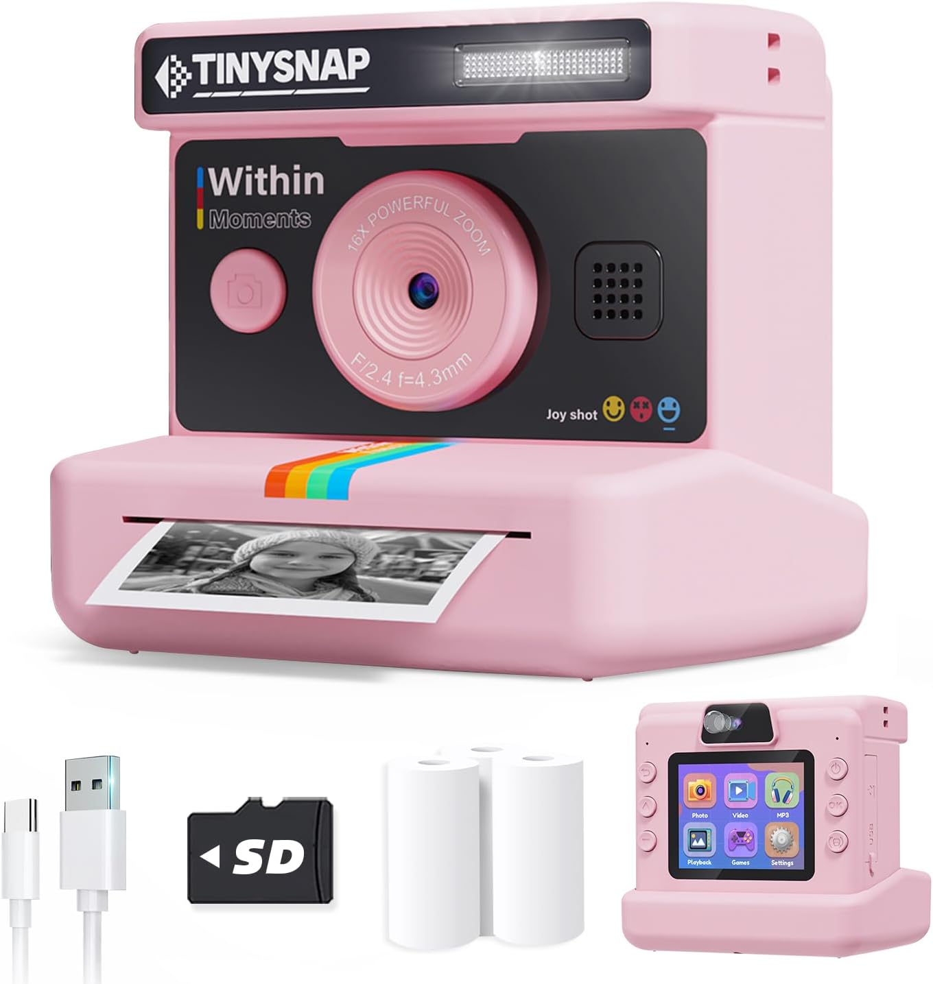 Instant Print Camera for Kids,Dual Len Kids Cameras with 2.4 Inch Screen, Christmas Birthday Gifts for Girls Age 3-12, Portable Toddler Toy for 3 4 5 6 7 8 9 10 Year Old Girls Boys (Black)