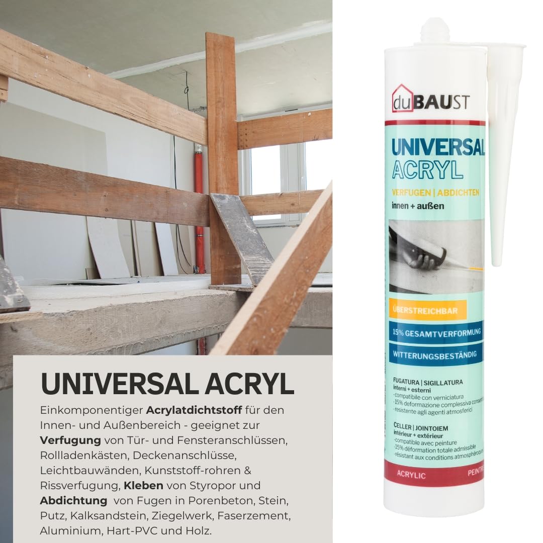 MAC24 Maleracryl Universalacryl Acryl weiß Dichtstoff für Innen + Aussen überstreichbar witterungsbeständig 310ml Kartusche (12)