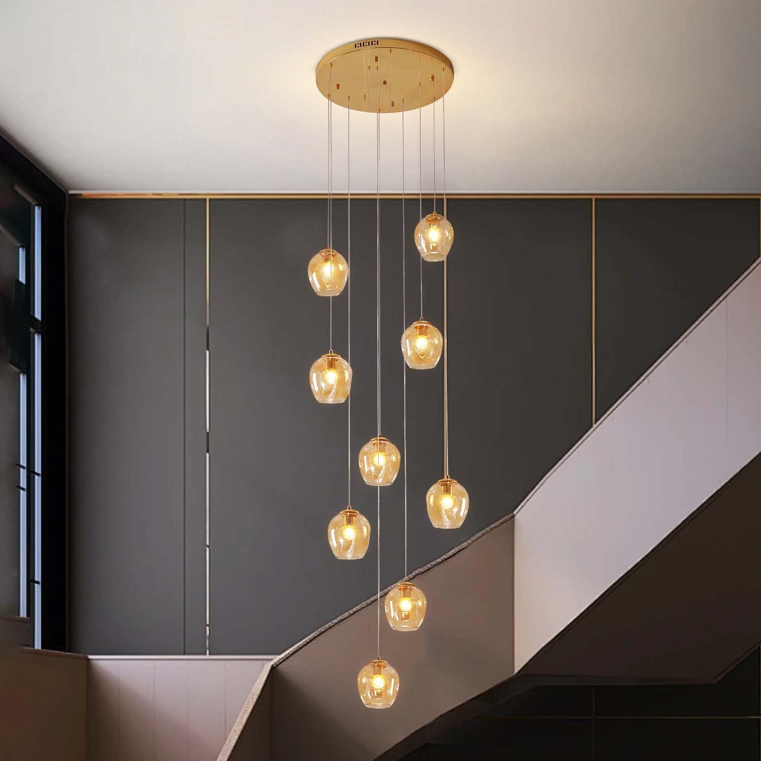 Mid Century Pendant Light 9-Light Amber Glass Chandelier Adjustable Hanging Pendant Light Fixture for Dining Room Living Room Kitchen(Gold+Amber) Gold+Amber Glass 9-Lights