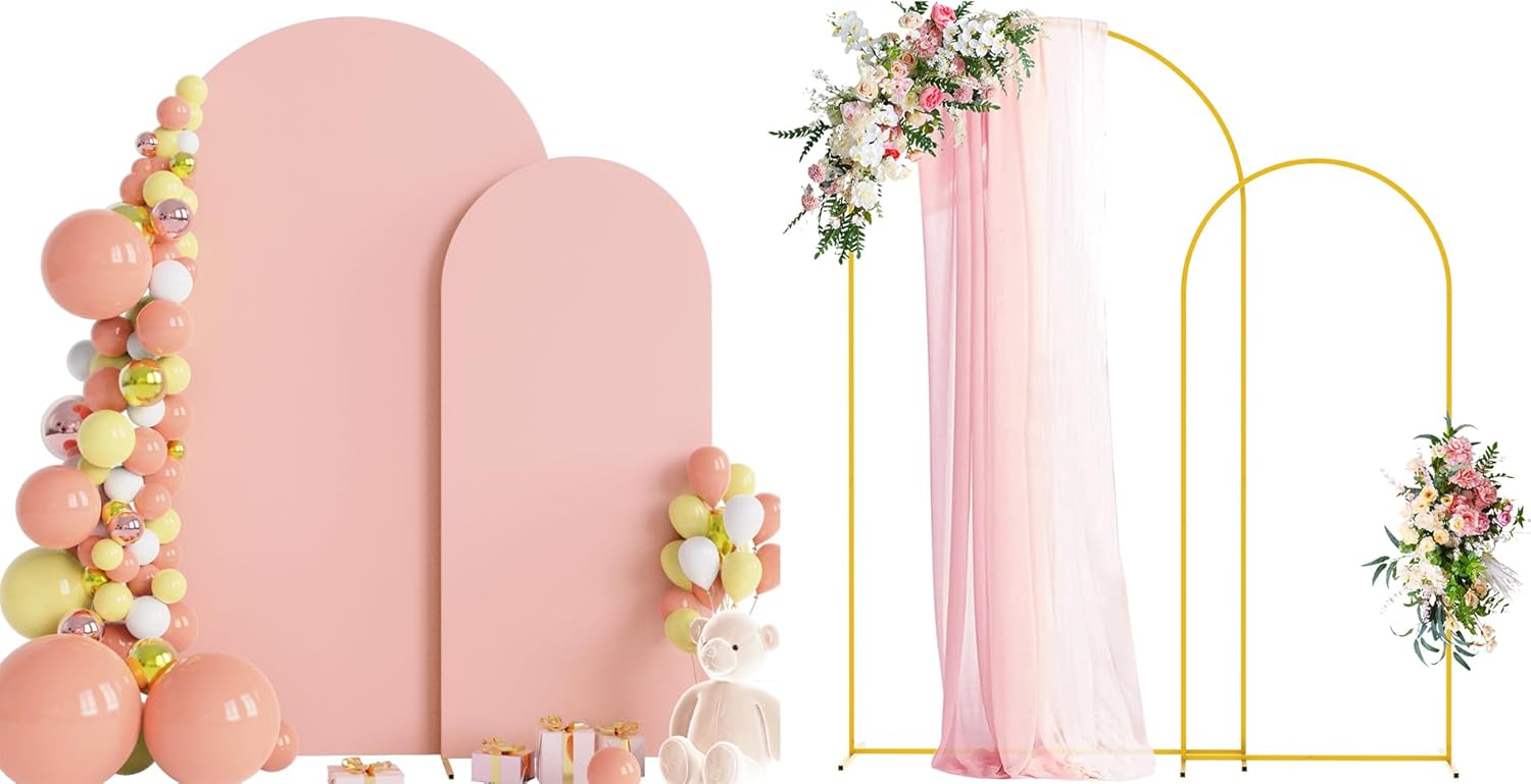 Wokceer Wedding Arch Backdrop Stand and Cover Set of 2 Metal Arch Stand with Arch Cover Pale Pink 7.2FT, 6FT for Birthday Party Wedding Ceremony Bridal Baby Shower Event Decor 7.2ft, 6ft Pale Pink