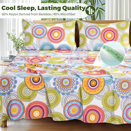 Image of Bedlifes Extra Deep Pocket 18-24 inch King 4-Piece Sheet Set - Cooling Sheets Blend Rayon Derived from Bamboo Soft & Breathable,Featuring Mandala Patterned