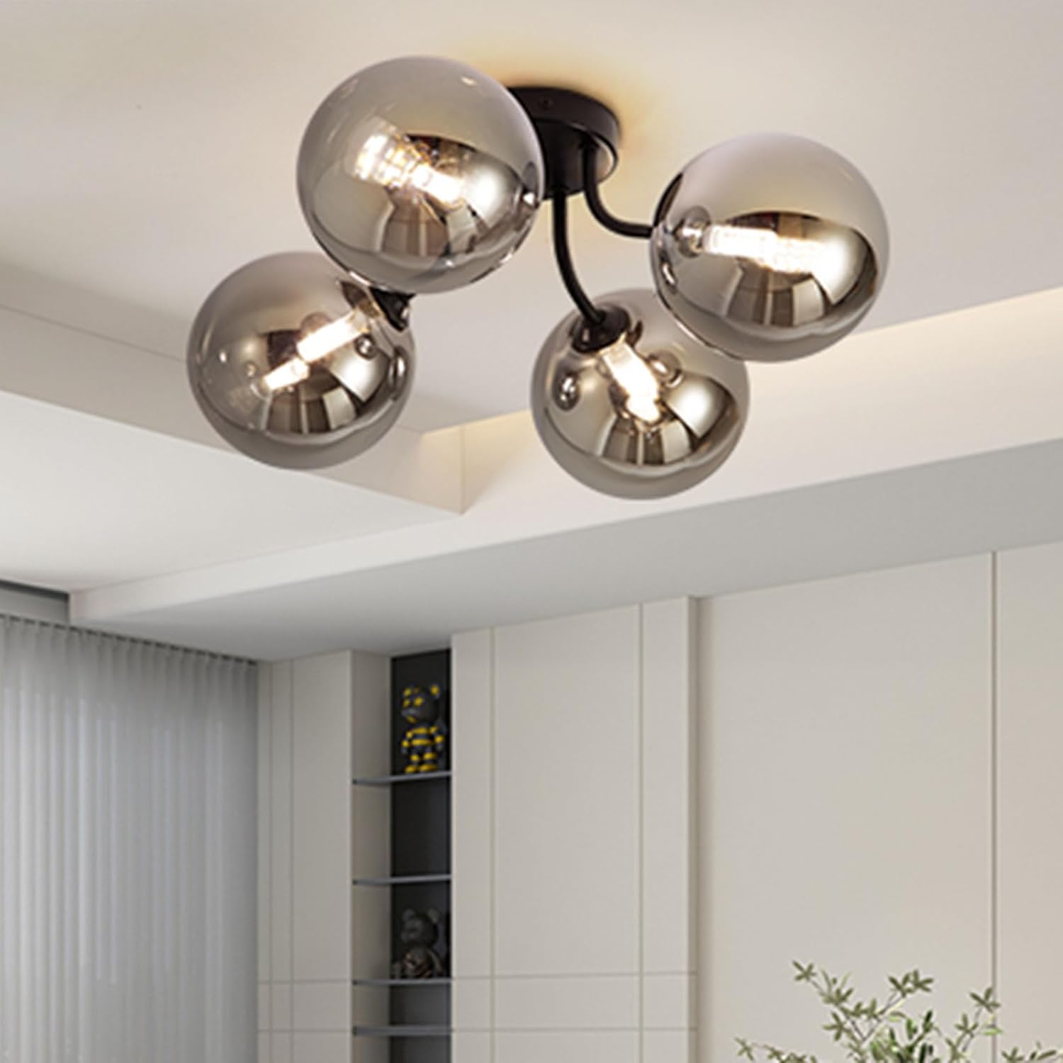 Bubble Glass Semi Ceiling Light for Dining Room, Modern Sputnik Chandelier, Black Flush Mount Lighting Fixture, Grey Glass Ball 4-Light for Kitchen Island Bedroom Hallway Foyer, G9 Base Socket Grey-Bubble Glass