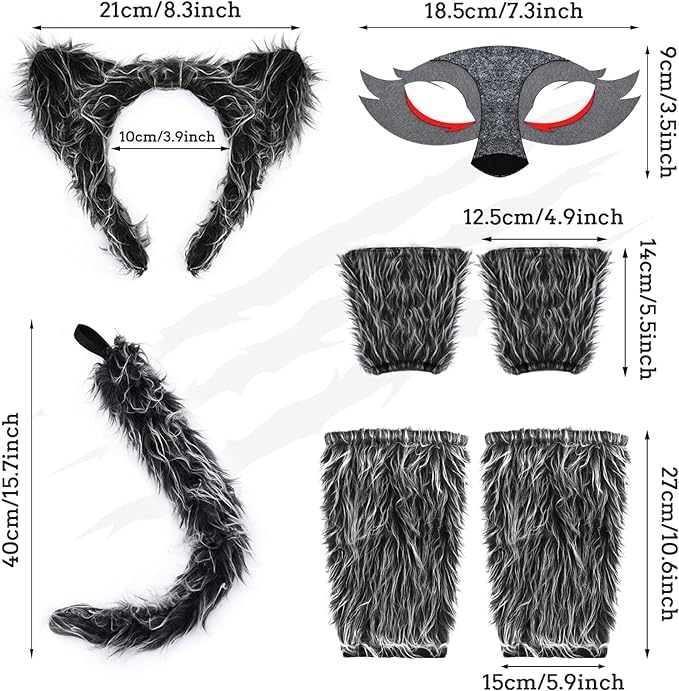 mefound 7Pcs Wolf Costume Set - Cute Animal Ear headband Masks Tail Glove and leg Warmers Cosplay Costume Fancy Dress Party - Image 2