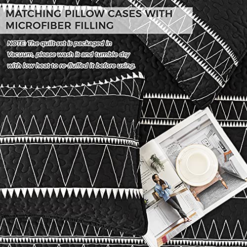 Andency Black Quilt Set King (106X96 Inch), 3 Pieces(1 Striped Triangle Printed Quilt And 2 Pillowcases), Bohemian Summer Lightweight Reversible Microfiber Bedspread Coverlet Sets #TOP5