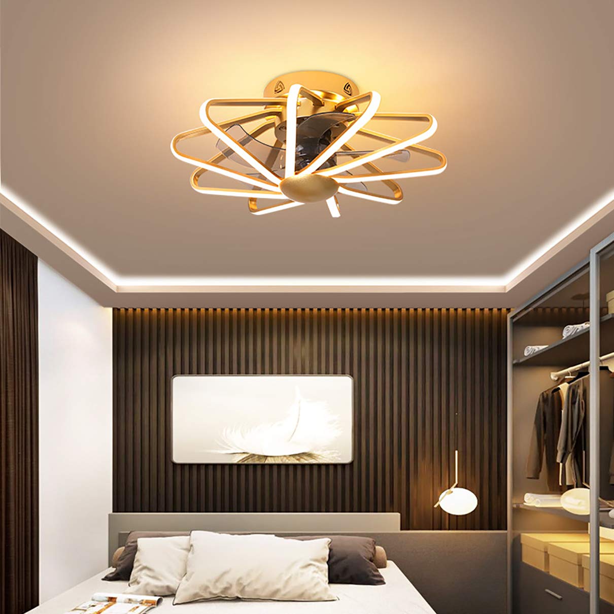 Lampadario Con Ventilatore Da Soffitto Memoria Dimmerabile LED Soggiorno Ventilatore Da Soffitto Con Luce 6 Velocità Reversibile Plafoniera Con Ventilatore Con Telecomando E APP-Gold|62CM