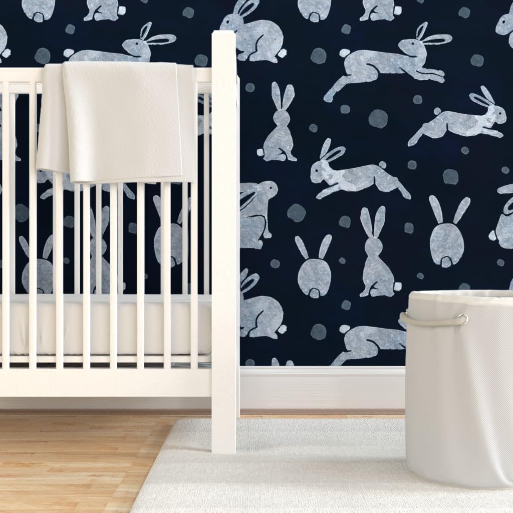 Peel & Stick Wallpaper 3ft x 2ft - Indigo Rabbits Dark Blue Bunny Snow Hare Winter Animals Custom Removable Wallpaper by Spoonflower