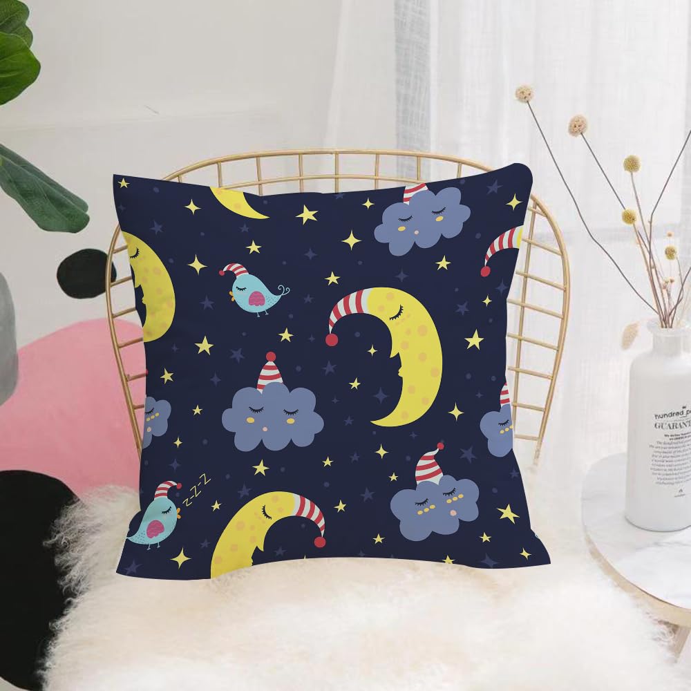 HYMSXW Cushion Cover,Throw Pillow Case Home Decorative for Living Room Bedroom Sofa Chair 20X20 Inch,Night sky, crescent moon, clouds, stars, birds, navy blue, yellow,Pillowcase 50X50cm
