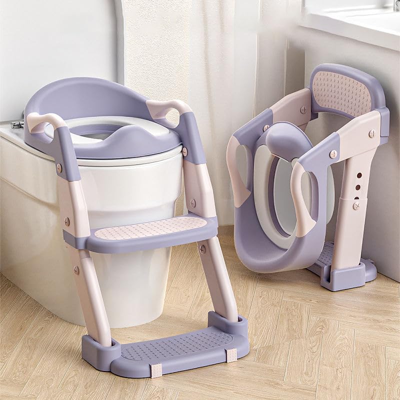 Image of Western Toilet Potty Seat For Kids, Baby Potty Training Seat Chair With Ladder, Adjustable Step Height, Cushion Seat | Kids Toilet Seat | Potty Seat For 1-8 Years Child Boys Girls (MNPL3 PINK)