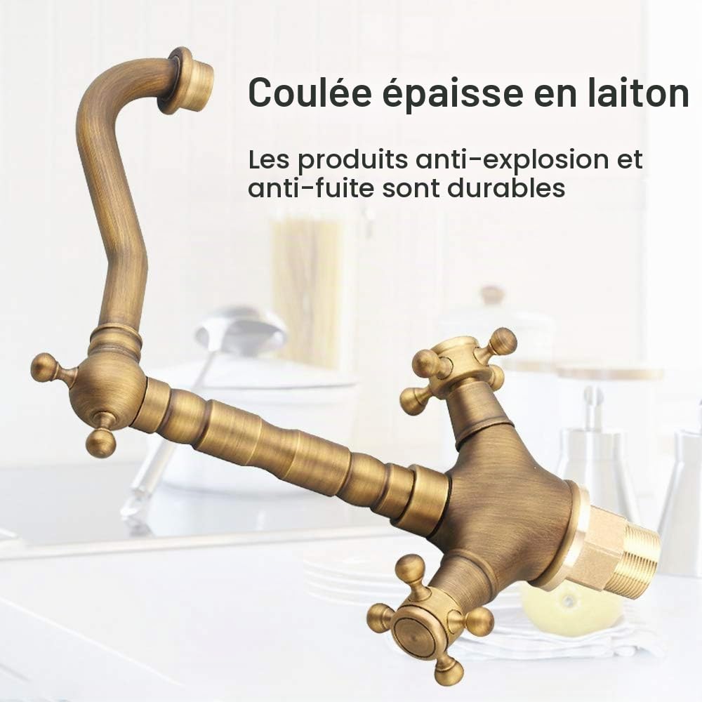 Robinet Vintage Robinet d'évier de Cuisine Pivotant à 360°, Mitigeur de Lavabo de Salle de Bain en Laiton de Bain à Double Poignée, avec Tuyau Flexible, Design Durabl