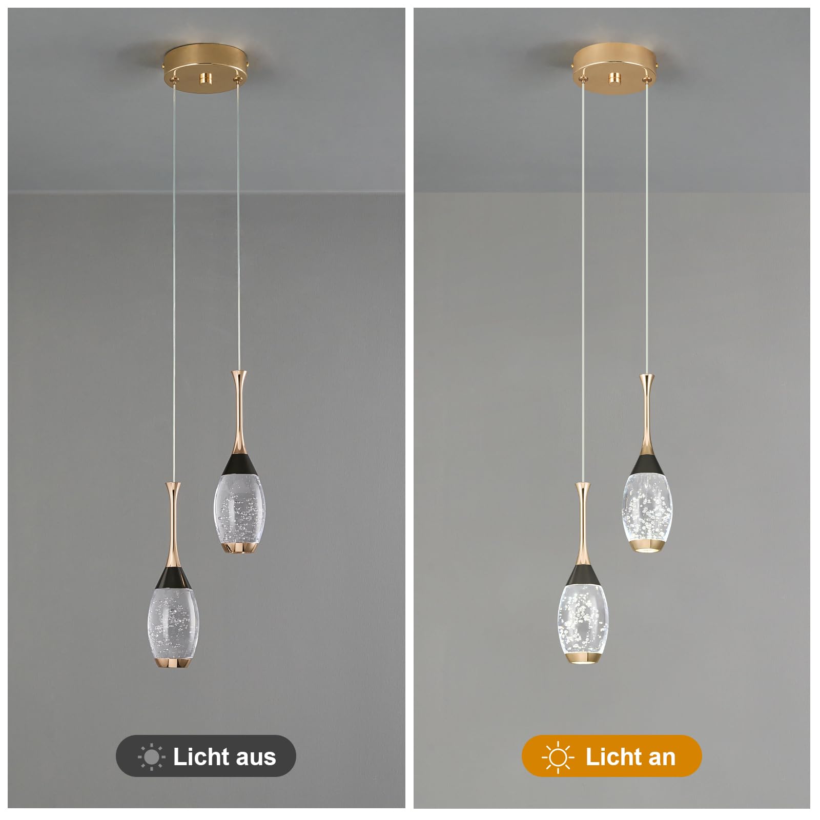 Moderne Schwarz-Gold-Hängeleuchte 2 Flammig LED-Deckenleuchten Mini Teardrop Kristall Pendelleuchte für Küche Insel Schlafzimmer Flur Eingang Hängelampe Höhenverstellbar