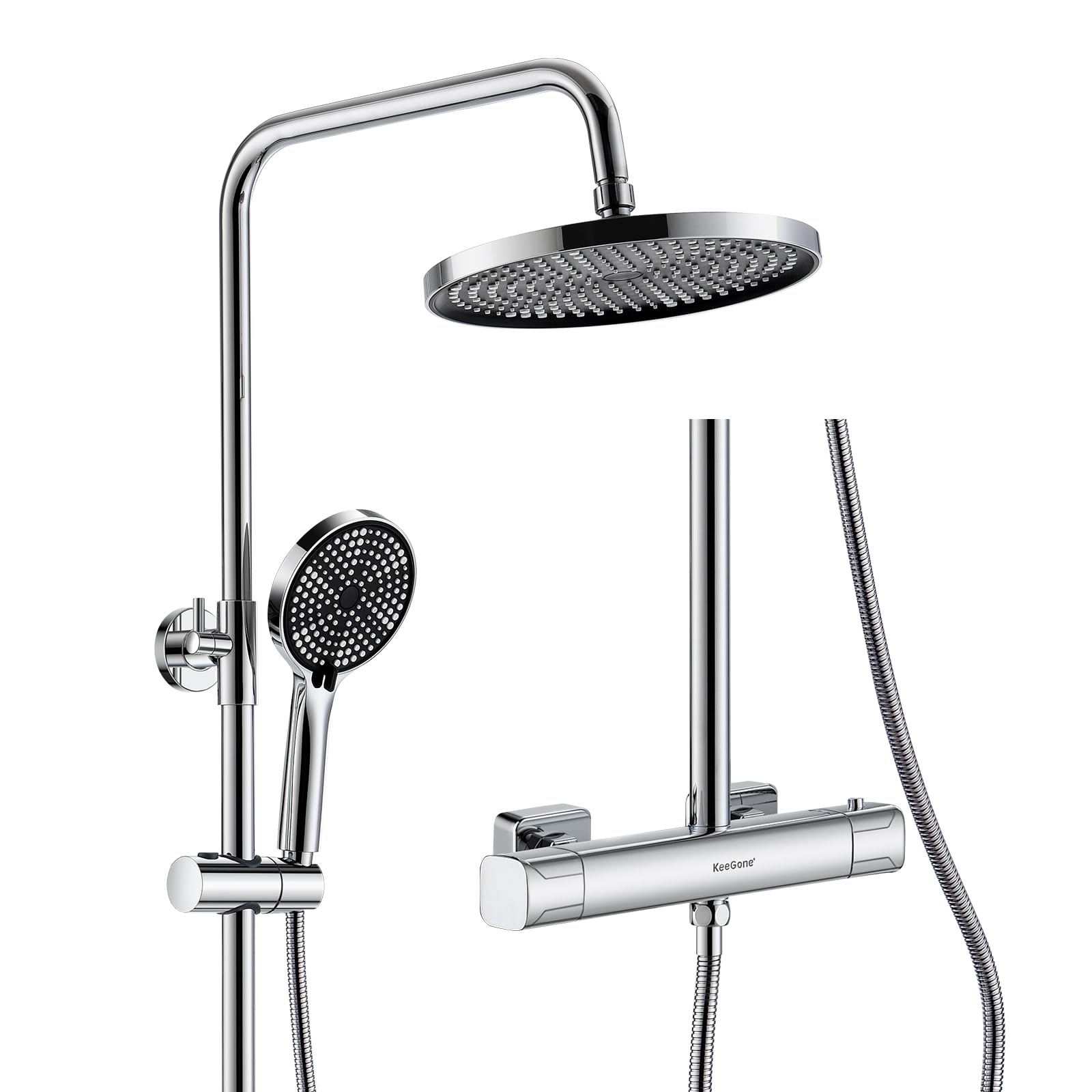 Duschsystem mit Thermostat Edelstahl Regendusche 25cm Handbrause 3 Strahlarten Duscharmatur Komplettset Höhenverstellbar mit Anti-Verbrühungsschutz Wassersparend Einfach Installieren