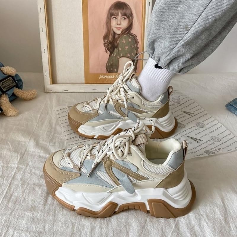 Dad Sneakers Y2K Chunky Platform for Women & Girls - Tennis & Racquet Sport Kawaii Neutral Non Slip Lace Up Retro Cute Preppy Shoes with Breathable Mesh Streetwear Athleisure Lightweight Running3