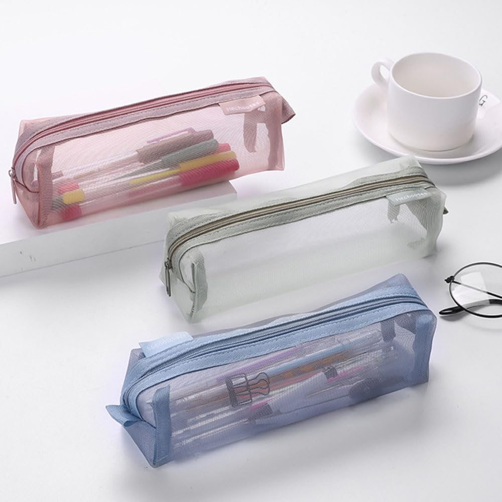 Finyoffiy 3pcs Portable Pencil Case,Zippered Mesh Storage Bag - Image 2