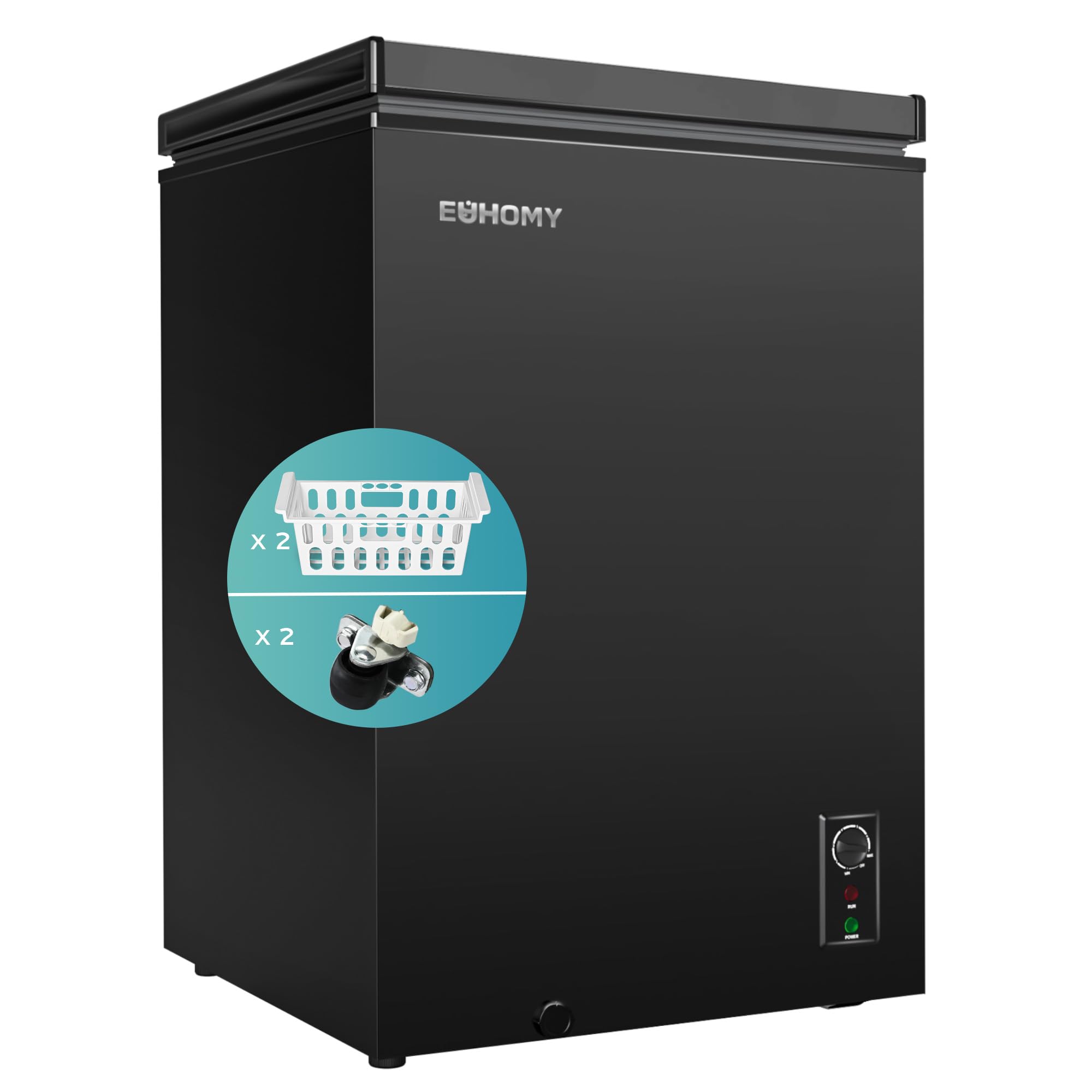 EUHOMY - Congelador horizontal de 3,5 pies cúbicos con ruedas, pequeño congelador profundo, termostato ajustable de 7 pulgadas, silencioso, minicongelador independiente, puerta superior, ahorro de energía para apartamento, garaje, sótano, dormitorio, casa, color negro