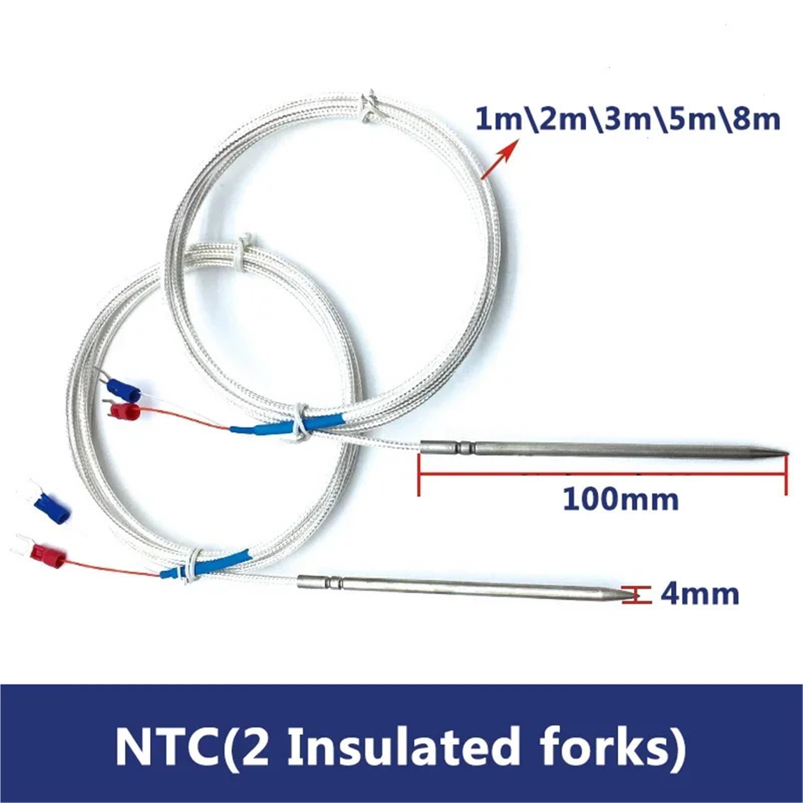 NTCPT100PT1000 - Sensor de temperatura clase A de 4 x 100 mm, cable blindado, 1-8 m, acero inoxidable de grado alimenticio SUS304 (PT100-4 x 100 mm-10 m)