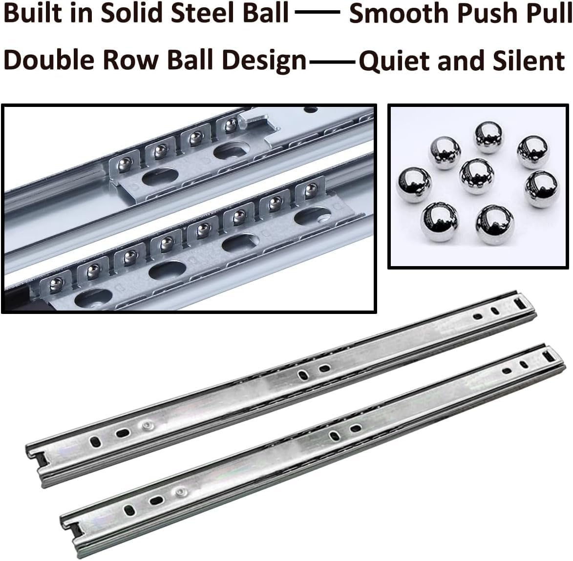 Guías telescópicas para cajones, rieles guía de extensión completa, guías de rodamiento de bolas plateadas resistentes para soluciones de almacenamiento suave, 4 pares (8 piezas), 27 mm x 450 mm