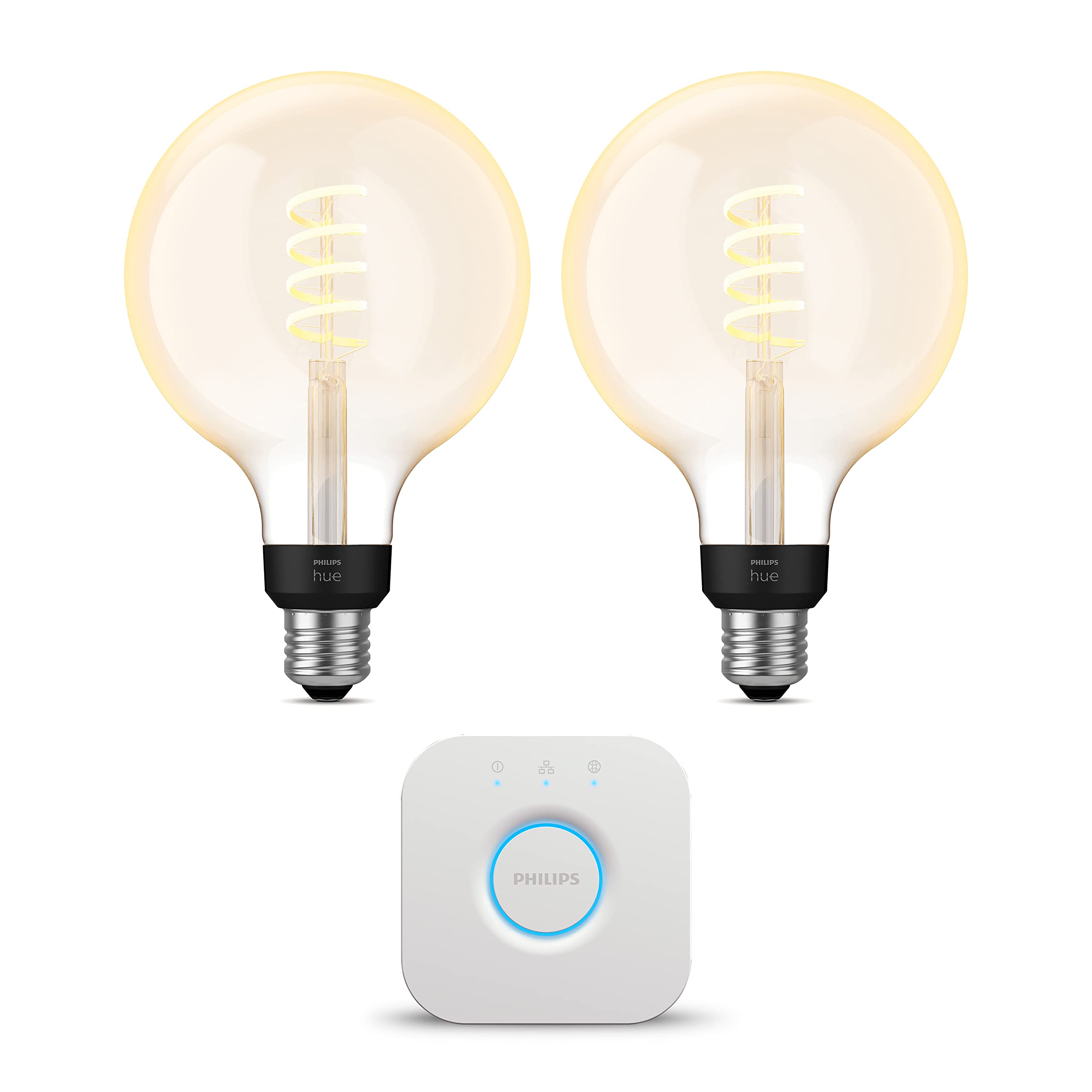 Philips Hue Starterpaket - E27 - mit 2 Filament Globe Lampen Groß (G125) - Warm bis Kaltweißes Licht - inkl. 1 Hue Bridge - Hue White Ambiance Filament