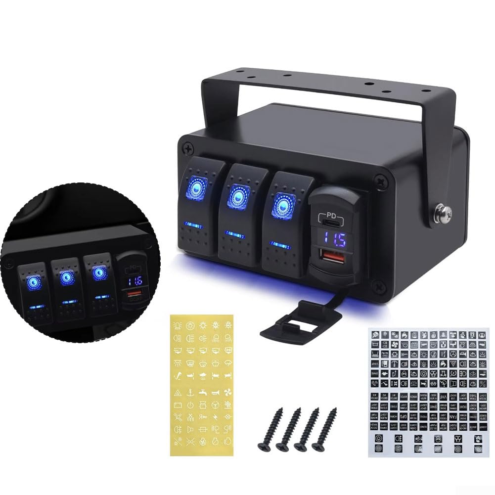 Pannello interruttore universale a 3 marce, 12 V/24 V, con voltmetro e funzione di ricarica rapida, IP65, resistente alle intemperie, per camper, camion, robusto alloggiamento in alluminio e nylon con