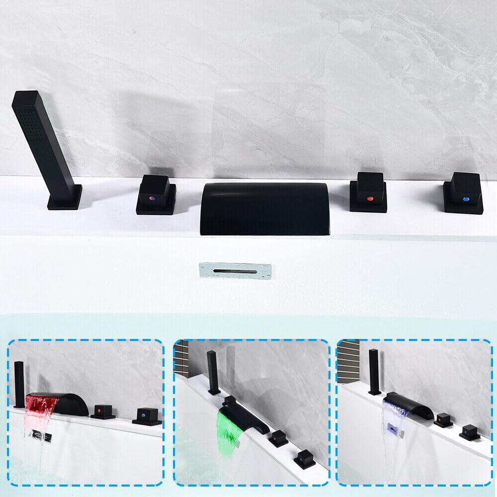 Badewannenarmatur LED Wasserfall 3 Farben LED Wasserfall Duschset mit Brause Wasserhahn Duscharmatur 5 Loch Set Wannenrandarmatur Fliesenrandarmatur Duschset Schwarz Duschsystem