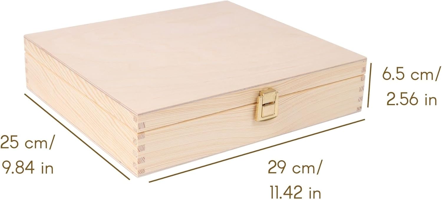 Wooden Storage Box Unpainted Plain | 11.41 x 9.84 x 2.55 in | Golden Latch & Lid | Perfect for Storing Valuables & Small Items in The Office or Bedroom | Keepsake Memory Trinket Chest