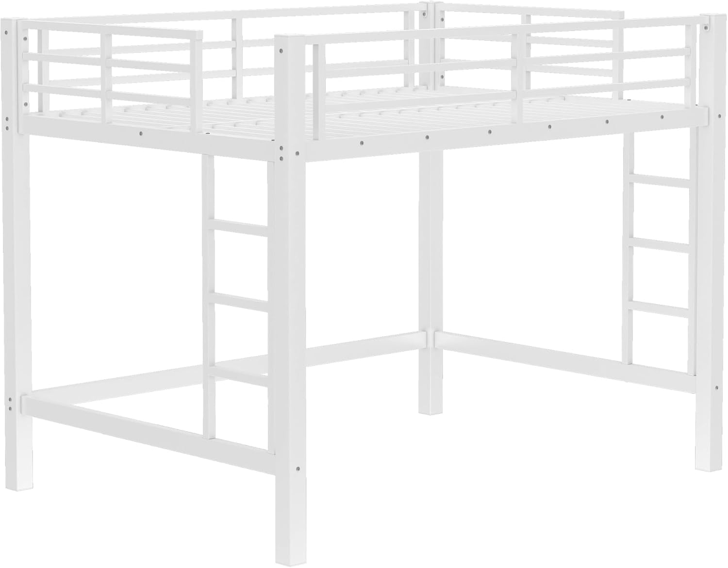 Bellemave Full Size Metal Loft Bed Frame with 2 Ladders, High Guardrail & Sturdy Iron Construction, Space-Saving Adult Loft Bed for Dorms, Safe for Kids, Teens, No Box Spring Needed, White