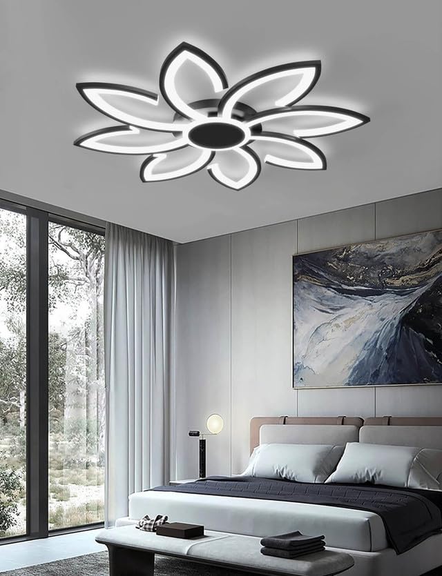 LJX 90cm Lámpara LED Techo Compatible con Alexa y Google Assistant Moderna Flor Inteligente Iluminación Luz y Mando a Distancia Negro Dimmable Temporizable para Dormitorio Salón