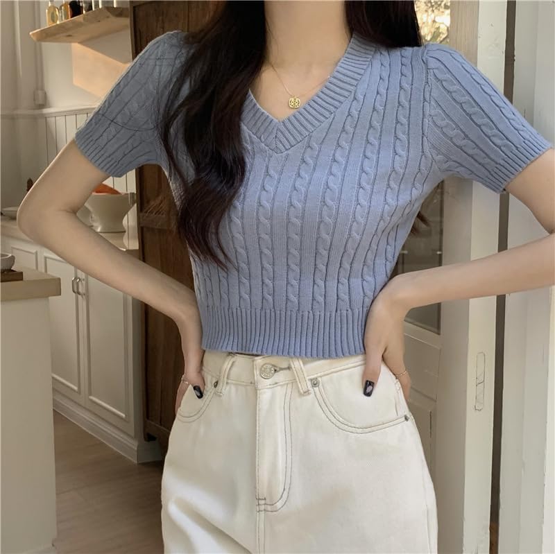 Image of ICW Women's Acrylic Knitted Ribbed Half Sleeve V-Neck Self Design Crop Top T-Shirt 128