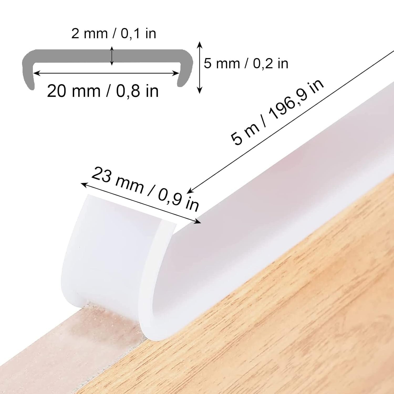 Taśma do krawędzi mebli, elastyczna, z termoplastycznego elastomeru, ochrona krawędzi, w kształcie litery U, samoprzylepna, szerokość wewnętrzna 20 mm x 5 m, do krawędzi szafy, listwy wykończeniowe,