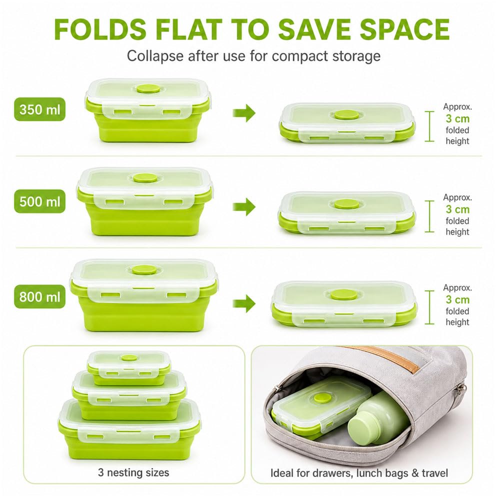 3 Pezzi Contenitori Pieghevoli per Alimenti 300/500/800 ML,Contenitori Alimenti Silicone con Coperchio, Contenitore Pranzo Ufficio,Schiscetta Porta Pranzo Ermetico per Picnic, Campeggio, Scuola