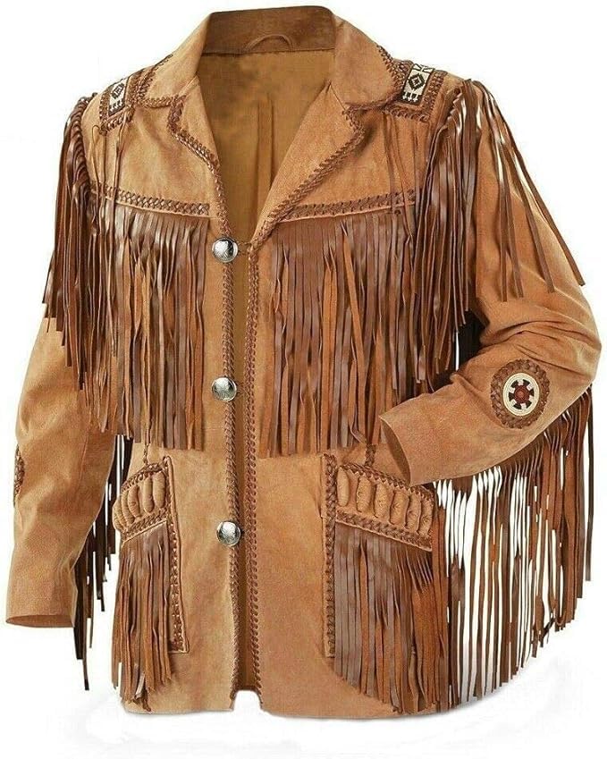 Men’s Western Suede Fringe Leather Jacket - Traditional Native American Cowboy Fringe Leather Jacket