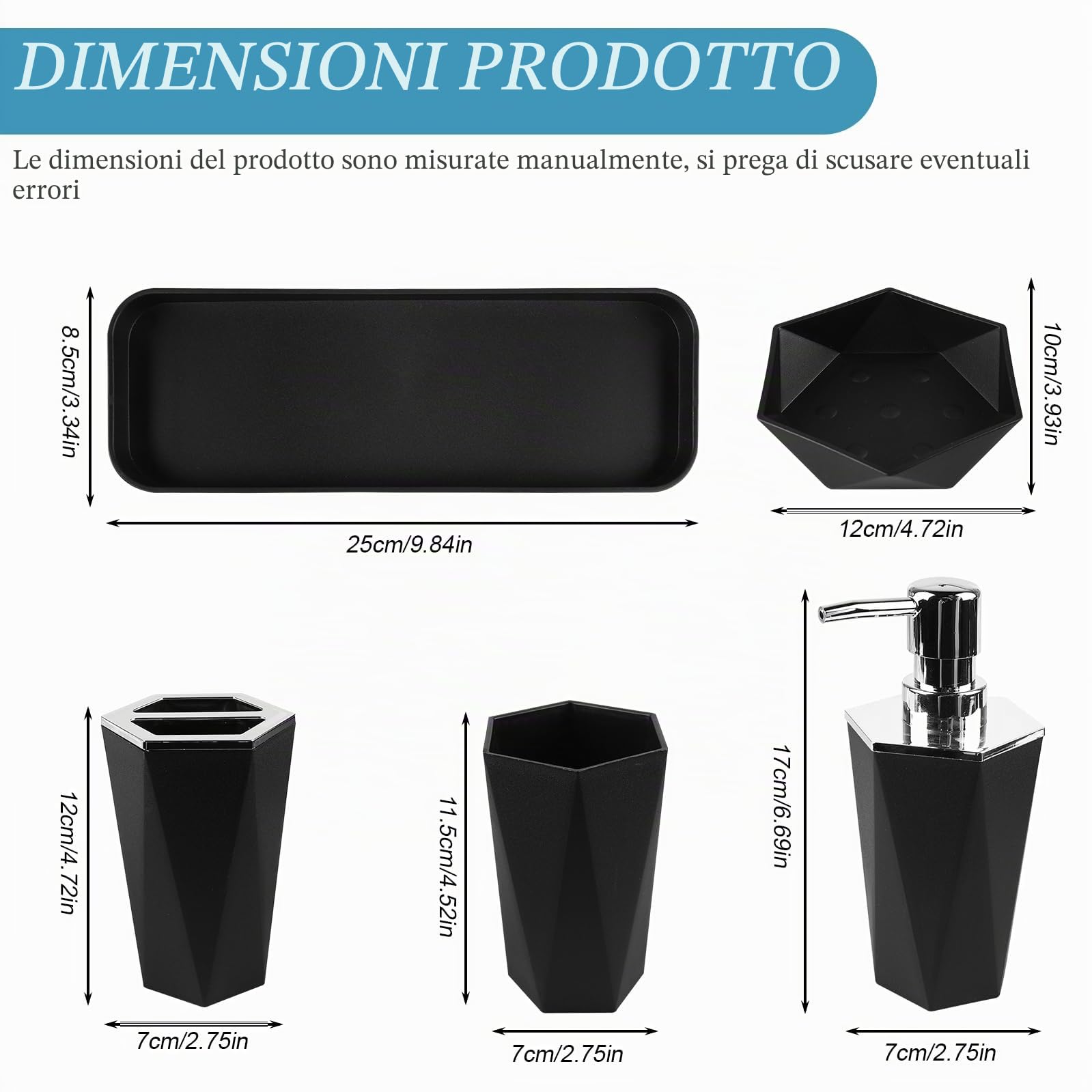 Set di 5 accessori da bagno, set di accessori da bagno in plastica con bicchiere per spazzolino, porta spazzolino, portapenne, portasapone, accessori da bagno, set regalo (nero)