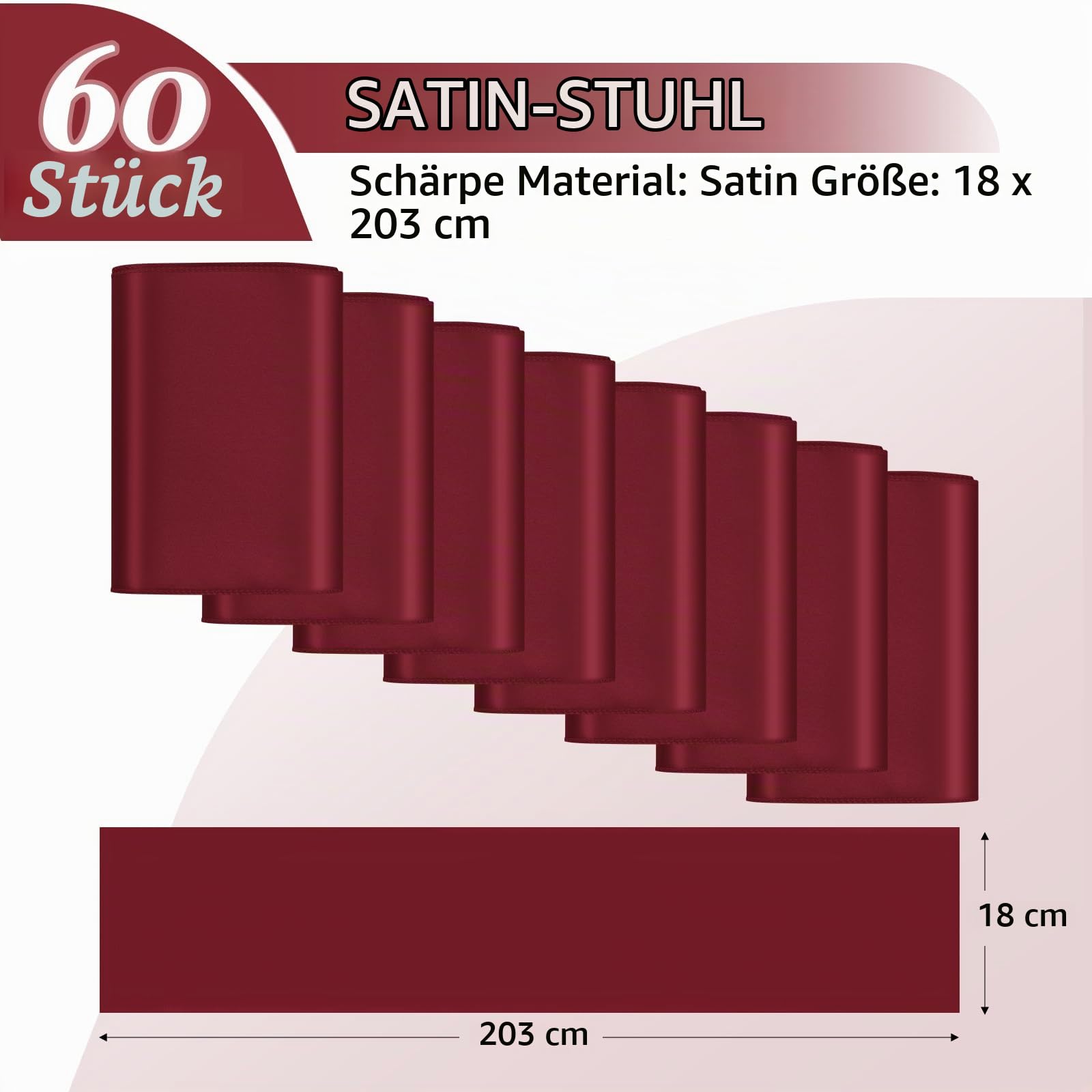 60 Stück Satin-Stuhlschärpen, Schleifen, universeller Stuhlbezug, burgunderrote Schärpen, Stuhlschärpen für Hochzeitsempfang, Bankette, Partys, Hotelveranstaltungen, Stuhldekoration (17 x 200 cm)