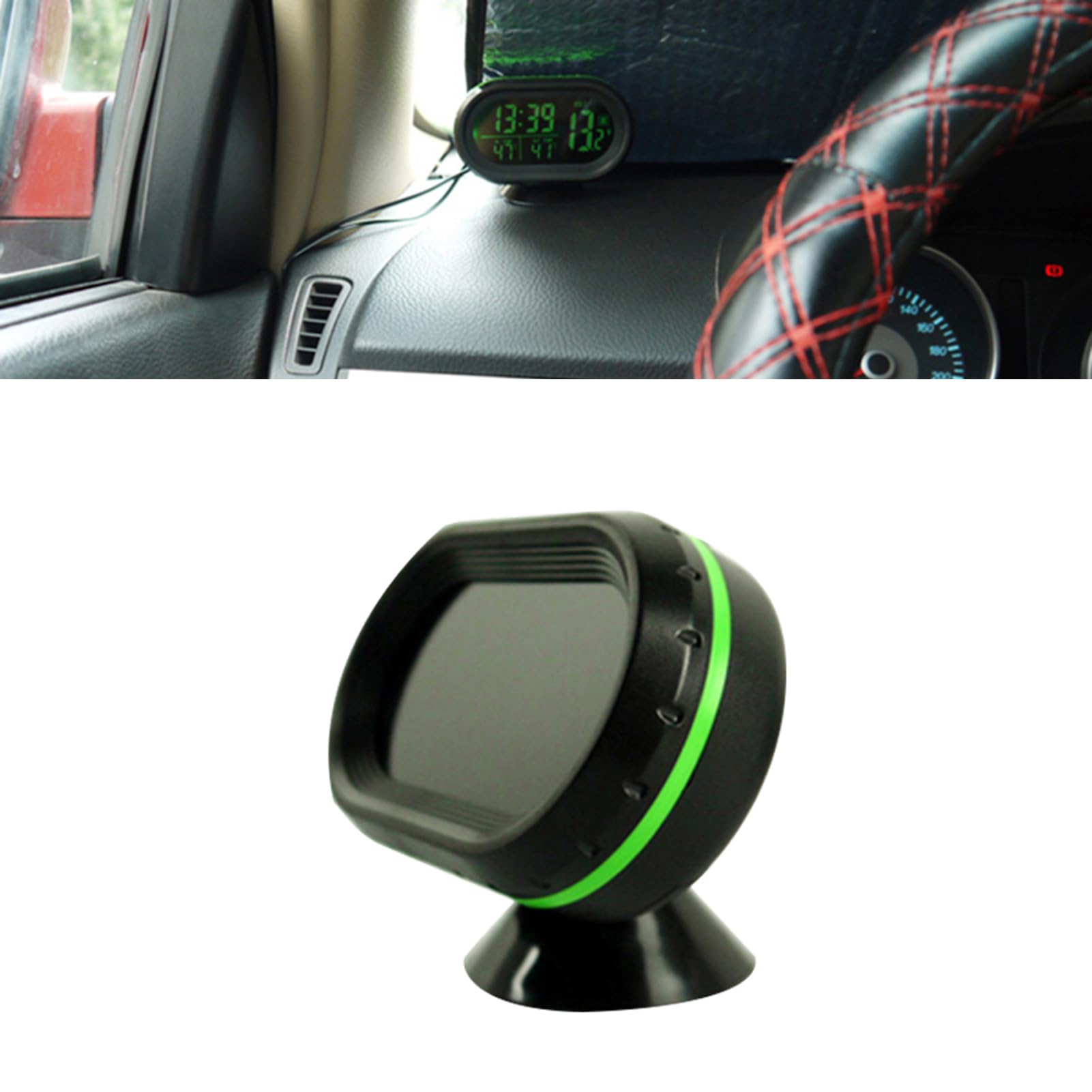 Voiture Thermomètre Horloge Numérique DC 12V Automobile Horloge LED Allumé Double Jauge de Température Voltmètre Jauge de Température (GREEN)
