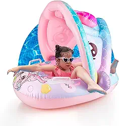 Boia Inflável Infantil com Cobertura - Baby Float com Suporte para Natação Segura, Proteção Solar, Flutuador para Piscina de Bebês