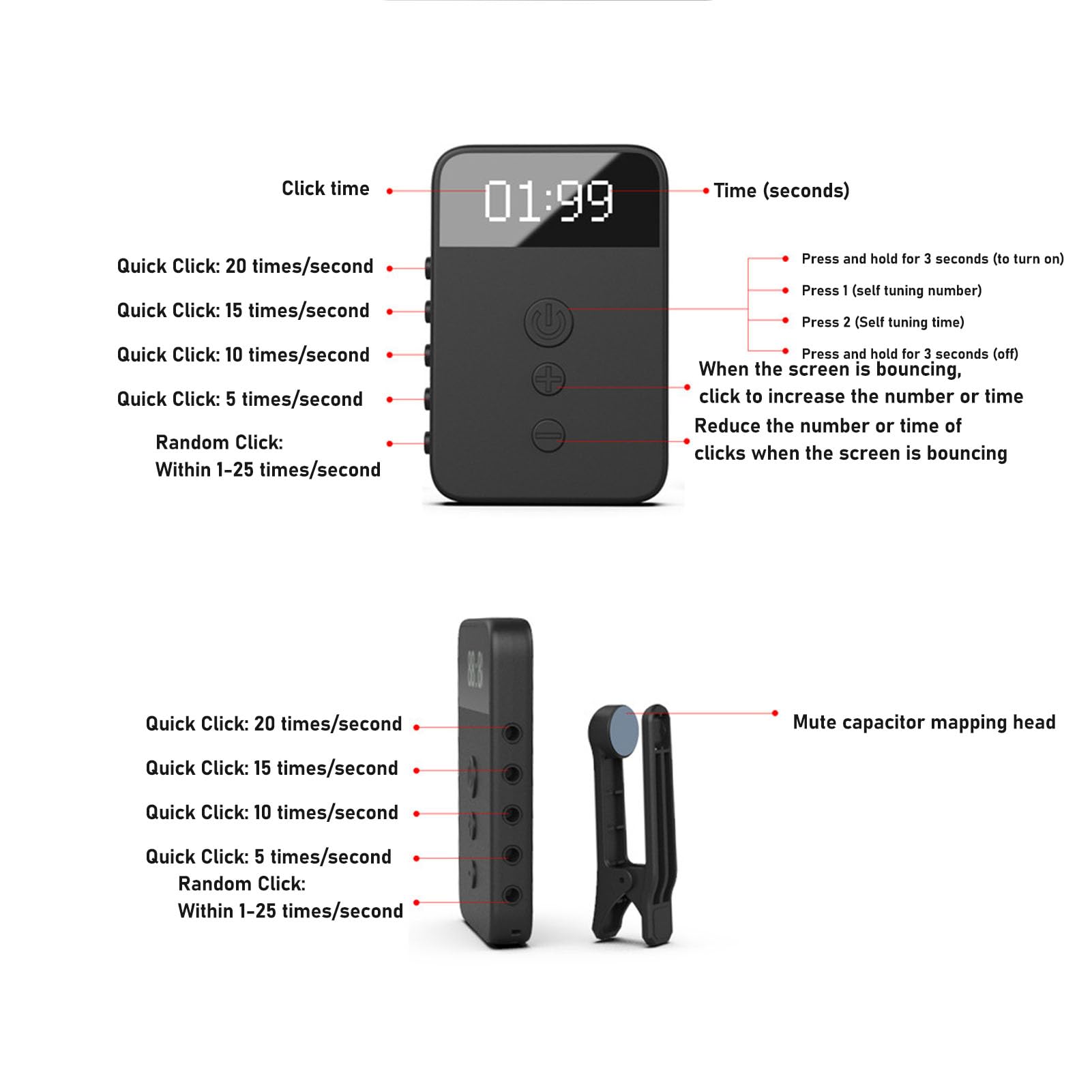 Hztyyier Auto-Clicker, Stufenlose Geschwindigkeitsregelung mit Non-Touch-Mapping-Click-Technologie für Video-Streaming, App-Interaktion