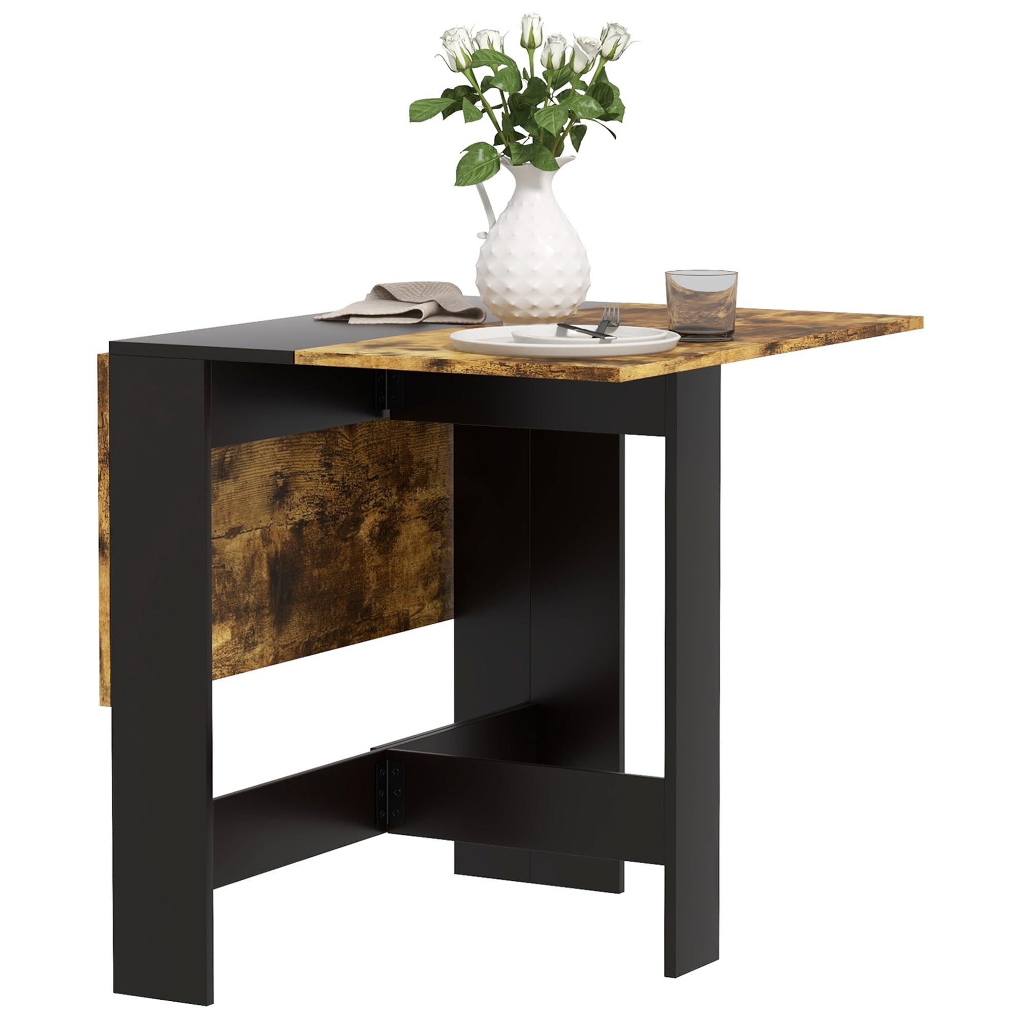HOMCOM Mesa Plegable de Comedor Alas Abatibles Negro y Marrón Rústico | Mesa de Cocina Plegable, con Alas Abatibles, para Salón, Espacio Pequeño, 103x76x73,5cm