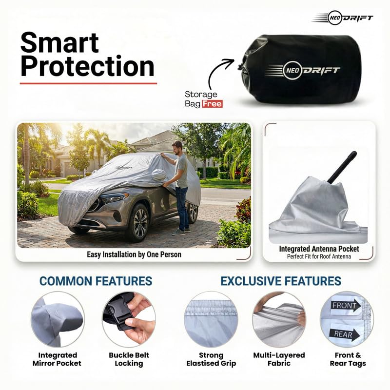 Image of NEODRIFT 'SilverTech' Car Cover for Tata Tiago (Back Long Antenna) (All Weather Protection, 100% Water-Resistant, Tailored Fit, Multi-Layered & Breathable Fabric) (Colour: Silver)