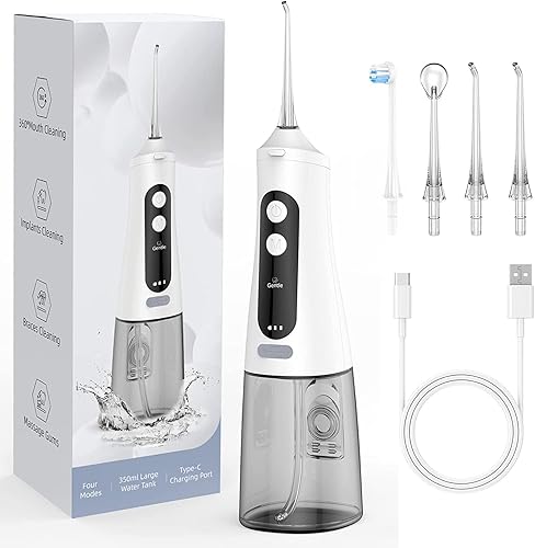 Irrigador bucal recargable para limpieza de dientes, 4 modos, 4 puntas, batería potente, púas dentales IPX7, impermeable, 11.8fl oz, tanque de agua